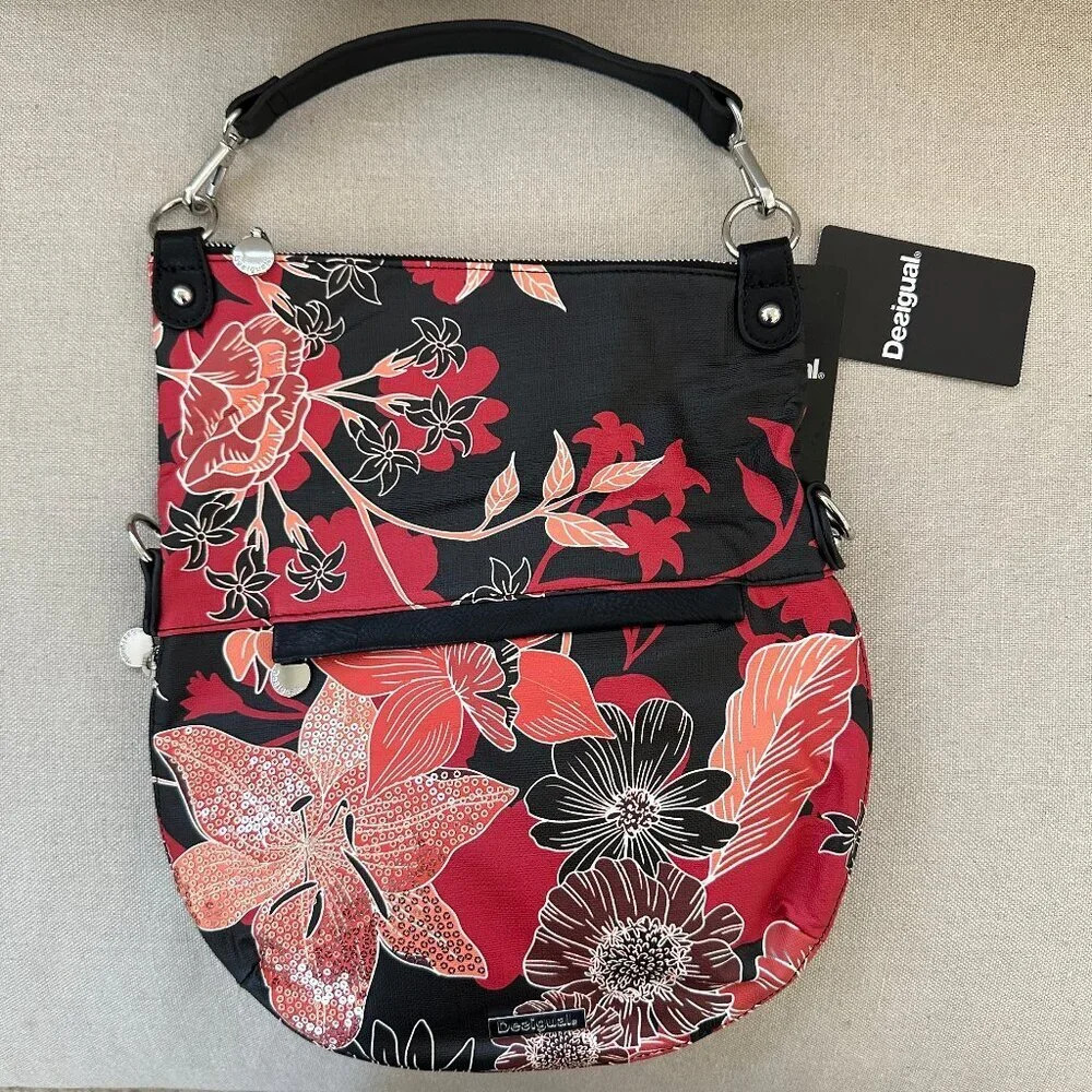 Desigual Floral Foldover Crossbody Boho Handbag with Strap - Vegan Leather - NWT